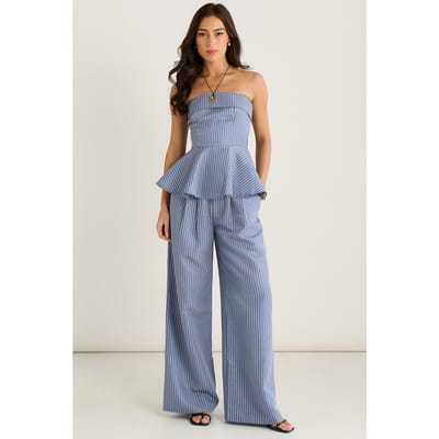 Blauwe peplumtop met Bardot-strepen