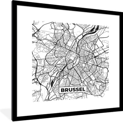 Fotolijst incl. Poster Zwart Wit- Plattegrond – Brussel – Zwart Wit – Stadskaart - Kaart - België - 40x40 cm - Posterlijst