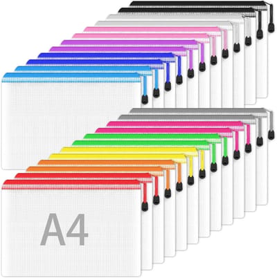 A4, 24 stuks documententassen met ritssluiting, waterdichte plastic ritszakken voor documenten, papier, cosmetica (12 kleuren)