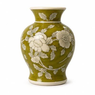 Porseleinen Bloemenvaas Groen Wit Bloemmotief – Chinoiserie Stijl – Ø 15 × H 18 cm
