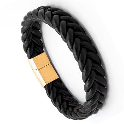 Victorious Gevlochten Leren Armband Heren – RVS Roestvrij Staal Sluiting – Zwart/Goud – 23cm
