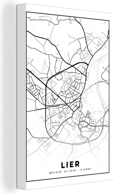 Canvas Schilderij België – Lier – Stadskaart – Kaart – Zwart Wit – Plattegrond - 20x30 cm - Wanddecoratie