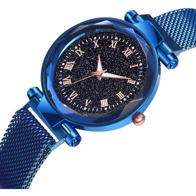 Modieus Dames Horloge met Ronde Wijzerplaat, Romeinse Cijfers, Quartz, Legering, Mesh Band(Blauw) blauw