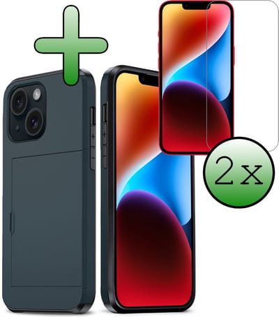 Hoes Geschikt voor iPhone 14 Hoesje Hard Case Met Pas Houder Met 2x Screenprotector - Hoesje Geschikt voor iPhone 14 Hoes Shockproof Hard Cover Met Kaarthouder - Donkerblauw