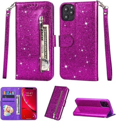 Portemonnee Hoesje - Wallet Case - Rits Sparkly Glitter - Telefoonhoes met Kord Geschikt voor: Apple iPhone 12 Mini - Paars