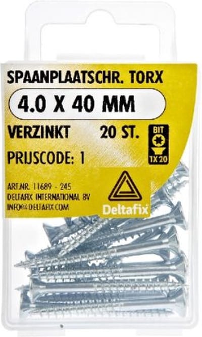 Hout schroef. .4.0 x 40 MM lang. VERZINKT 20 Stuks spaanplaat schroeven Platkop torx. DeltafiX.