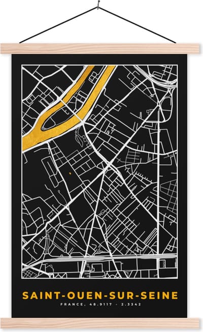 Posterhanger incl. Poster 40x60 cm - Schoolplaat - Kaart - Stadskaart - Plattegrond - Saint-Ouen-sur-Seine - Frankrijk - Textielposter - Blanke latten - Stadskaart
