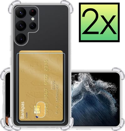 Hoesje - 2 Stuks - Geschikt voor Samsung Galaxy S22 Ultra - Met Pashouder en Kaarthouder - Telefoon Hoes Shockproof - Siliconen Case - Back Cover - Shock Proof - Pasjes Houder - Transparant