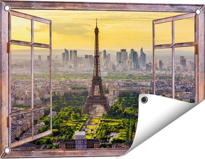 Gards Tuinposter Doorkijk Skyline van Parijs met de Eiffeltoren - 60x40 cm - Tuindoek - Tuindecoratie - Wanddecoratie buiten - Tuinschilderij