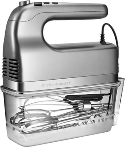 KitchenMonster Handmixer - Mixer met 9 Snelheden en Timer - 2 Kloppers & 2 Deeghaken & Garde & Opbergbak