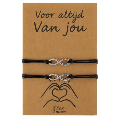 Koppel Armbandjes voor 2 "Voor altijd van Jou" - Oneindigheidsteken - Vriendschapsarmbandjes met Valentijn Cadeau Kaartje - Zilverkleurig - Elastisch Verstelbaar - Pax Amare