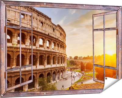Gards Tuinposter Doorkijk Colosseum bij Zonsondergang in Italïe - 150x100 cm - Tuindoek - Tuindecoratie - Wanddecoratie buiten - Tuinschilderij