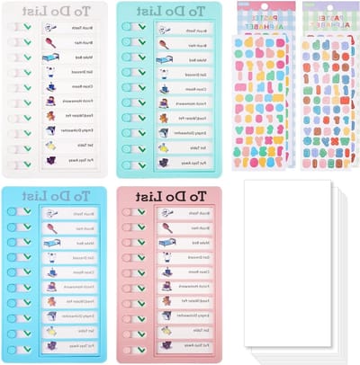 Set van 4 Memo Checklist Borden 20 x 12 cm, To-Do Lijst, Kinderroutine, Planner en Taakbord met 10 Lege Papieren en 2 Letterstickers voor Thuis, Reizen en Leerplannen