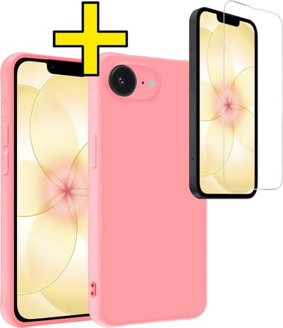 Hoesje - Met Screenprotector - Geschikt voor Apple iPhone 17e - Sterk & Shockproof - Back Cover - Siliconen Case - Telefoon Hoes - Telefoonhoesjes - Lichtroze