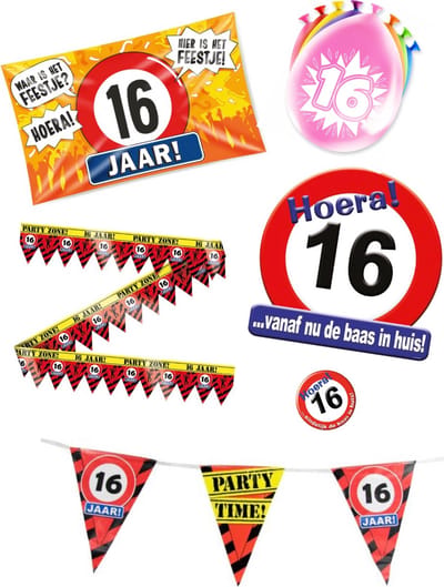 16 jaar verjaardag versiering pakket – vlag - gevelvlag – ballon – paperdreams