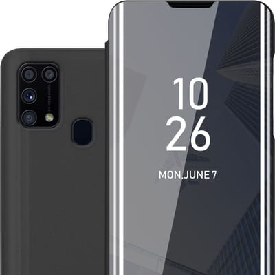 Cadorabo Hoesje geschikt voor Samsung Galaxy M31 in TOERMALIJN ZWART - Clear View Spiegel Beschermende Case met Tribunefunctie 360 Graden Bescherming Book Case Cover Etui