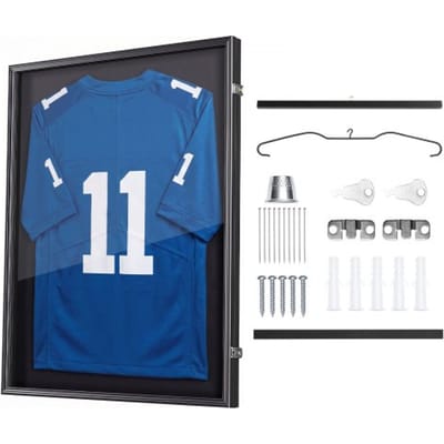 VEVOR Jersey Frame 70 x 90 cm, afsluitbare houten fotolijst met PC-plaat en 98% UV-bescherming, objectlijst met ophanghaak en 2 sleutels voor honkbal-, basketbal-, American football- en hockeyshirts.