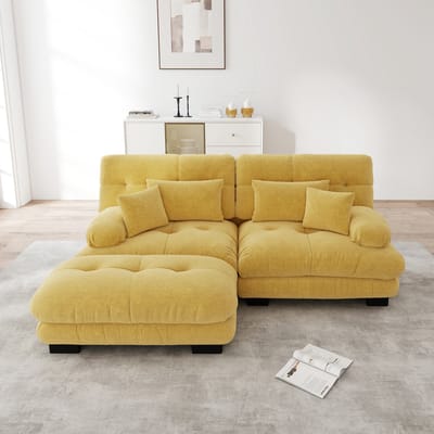 DESMIU Hoekbank 220 X 145 X 81 Cm - Modulair Met Ottomaan En 2 Lendenkussens - Voor Woonkamer - Chenille - Geel
