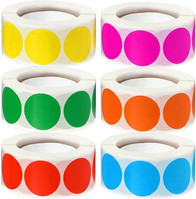 6 rollen ronde stipstickers—ronde sluitstickers—categorie-markeringsstickers—zelfklevende etiketten van 2,5 cm—beschrijfbaar oppervlak—geschikt voor inventarisbeheer, documentensortering en planning (rood/oranje/geel/groen/blauw/roze)