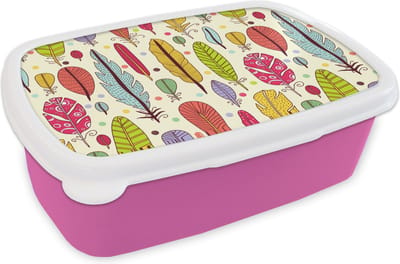 Broodtrommel Roze - Lunchbox - Brooddoos - Patroon - Veren - Kleuren - Jongens - Kinderen - Kids - Kind - 18x12x6 cm - Kinderen - Meisje