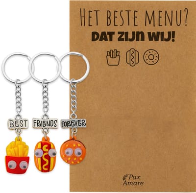 BFF Sleutelhanger voor 3 'Het beste menu, dat zijn wij' - Fast Food Friends - Sleutelhanger set op Cadeau Kaartje - Zilverkleurig - Vriendschap Symbool - Pax Amare