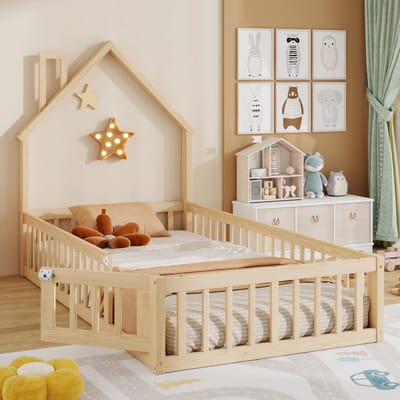 PHOEBE CAT Kinderbed - 90 x 200 cm - Huisontwerp - Met lattenbodem - Grenenhout - Natuurlijke