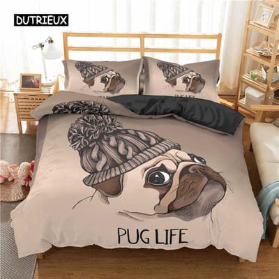 Mopshond Dekbedovertrek Set Huisdier Hond met Bloem Beddengoed Set Dieren Thema voor Kinderen Tieners Jongen Schattige Mopshond King Size Polyester Dekbedovertrek 140x200cm 3pcs