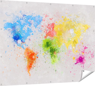 Gards Tuinposter Wereldkaart met Verfvlekken - Abstract - 160x120 cm - Tuindoek - Tuindecoratie - Wanddecoratie buiten - Tuinschilderij