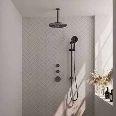Brauer Gunmetal Carving thermostatische inbouw regendouche SET 24 met 30 cm douchekop en plafondarm en 3-standen handdouche en doucheslang en geïntegreerde glijstang gunmetal geborsteld PVD