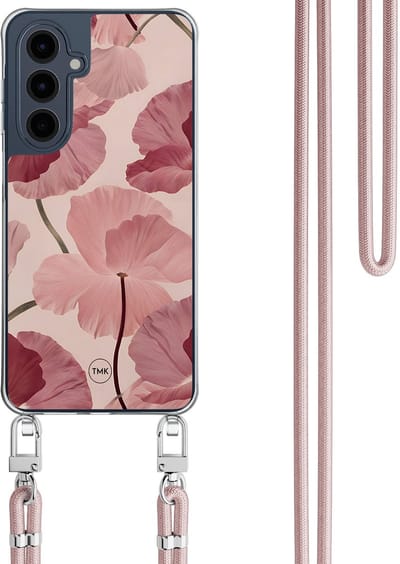 Telefoonhoesje met koord geschikt voor Samsung A16 - Vintage blossom - Inclusief Rosegoud koord - Transparant, Roze - Bloemen - Crossbody beschermhoes - Met Telefoonketting