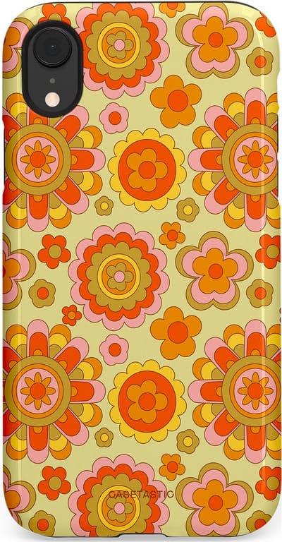 Casetastic Hoesje Geschikt voor Apple iPhone Xr - Stijlvolle Beschermende Duo-layer Case - Retro Oranje Bloemen