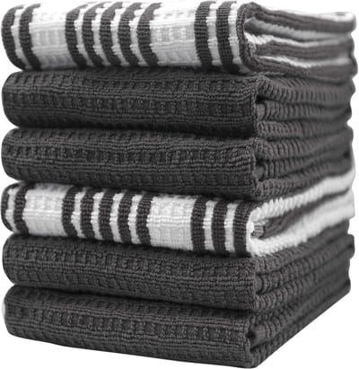 Grote Katoenen Theedoeken Set - 6 Absorberende Theedoeken met Hanglus - Gestreept Wafelgaren - 40 x 71 cm