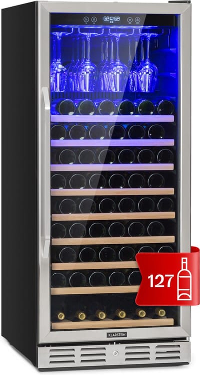 Klarstein inbouw wijnkoelkast, 1 Zonen drankenkoelkast klein, Kleiner Weinschrank 320L, Wein koelkast klein met , Indoor/Outdoor flessenkoelkast, Wine Fridge 127 flessen - 59.5 cm - voor Bar - Glazen Deur Touch Houten Schappen Vrijstaand - RVS