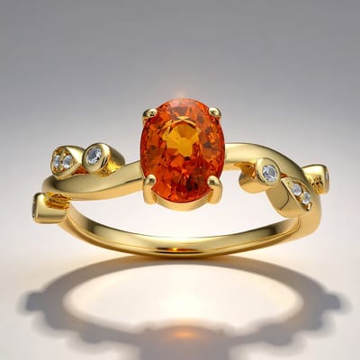 Cavill - 9K Geelgouden Damesring met 1,28 ct Oranje Ban Ka Cha Saffier & Witte Saffieren - Ovaal Briljantslijpsel - Elegante Ring voor Vrouwen
