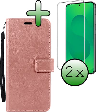 Hoesje Met Screenprotector - Geschikt voor Samsung Galaxy S25 FE - Luxe Pasjeshouder - Bookcase Portemonee - Flip Case - Kunstleer Book Case - Flipcase - Book Cover - Walletcase - Portemonneehoes - Rosé goud