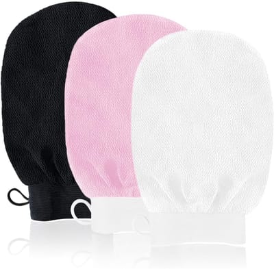 carmdering - 3 Stuks Exfoliating Glove - Bad Washandje - Exfoliërende Handschoenen - Scrub Handschoen - Badhandschoenen - Verwijderen Van Dode Huidcellen - Massage & Lichaamsscrubs - Wit, Zwart, Roze