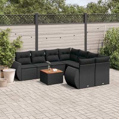 vidaXL - 9-delige - Loungeset - met - kussens - poly - rattan - zwart