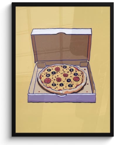 Poster in lijst - Fotolijst 50x70 cm - Posters - Pizza - Doos - Salami - Illustratie - Posterlijst zwart - Decoratie - Wanddecoratie woonkamer - Muurdecoratie slaapkamer
