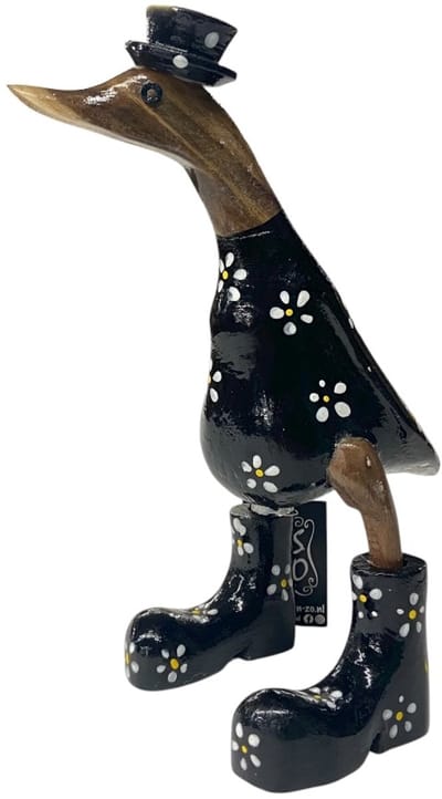 Handgemaakte Houten Eend “Flowershoes” Zwart – Decoratieve Indonesische Eend met Bloemenprint (H26 × B10 cm)