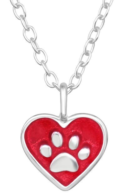 Joy|S - Zilveren hartje hanger met ketting - rood hartje met poot afdruk - dierenpoot - ketting: 39 cm met een extra oogje op 36 cm (verstelbaar) - voor kinderen