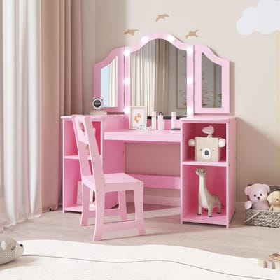 2-in-1 Kinder Kaptafel & Bureau - Met LED Verlichting & Stoel - Drieluik Spiegel - 4 Opbergvakken - Scandinavisch Design - Roze