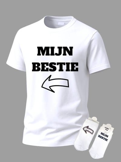 T-shirt Grappige tekst - Giftset - Mijn bestie links - Party Shirt - Cadeau set shirt en sokken - Grappig cadeau voor vrouw en man - Verjaardag - Kerst cadeau - Festival t-shirt set - Vaderdag - Moederdag - T-shirt voor dames en heren - Maat S