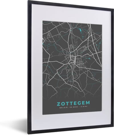 Fotolijst incl. Poster - België – Zottegem – Stadskaart – Kaart – Blauw – Plattegrond - 30x40 cm - Posterlijst