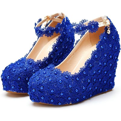 Witte Kant Bruidsschoenen Wedge Schoenen Enkelbandje Wedge Schoenen Waterdicht Platform Grote Maat Schoenen voor Dames 35 blue