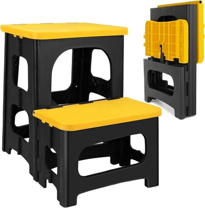 Opvouwbare Kruk - Voetenbank Krukje - Hoge Planken Bereiken - Dubbele Hoogtes - 2 Traps - Geel