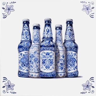 Delfts blauw tegeltje bier flessen design - delfts blauw wandbord - delftsblauw - hollandse cadeautjes - wanddecoratie - decoratieve accessoires