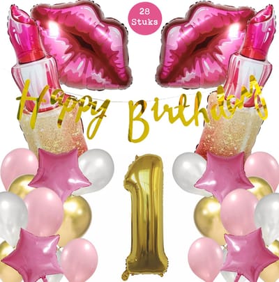 Snoes Mega Beauty Helium Ballonnen Set 1 Jaar - Roze Helium Folieballonnen - Slinger Happy Birthday Goud