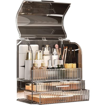Boîte Organisateur de Maquillage Grande Capacité Rangement Cosmétique Transparent avec Couvercle gray