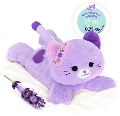 Dailygoods - Shownicer Warmte-knuffel Kat 0,75KG Lavendelvulling Microgolfbaar Gewichtsdier Pluisdier Kat Cadeau voor Volwassenen Kinderen 3+ Jaar (40CM, Paars)