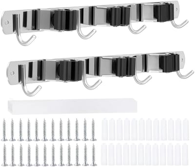 Dailygoods- Bezemerhouder Roestvrij staal - Zelfklevend - Wandhouder met 3 Sleuven - 4 Haken - Gereedschapshouder - Organizer voor Keuken/Badkamer